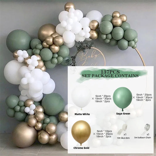 137PCS Sage Green Balloon Garland Arch Kit White Gold Confetti Balloons for Wedding Birthday Balloons Baby Shower Decorations