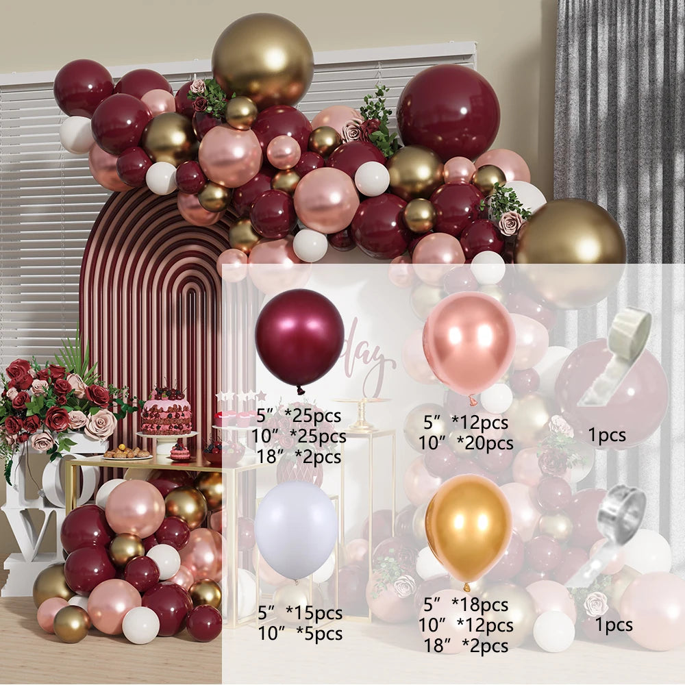 138/100Pcs Burgundy Gold Rose Balloon Garland Arch Kit Birthday Party Supply Wedding Valentine's Day Proposal Baby Shower Decor