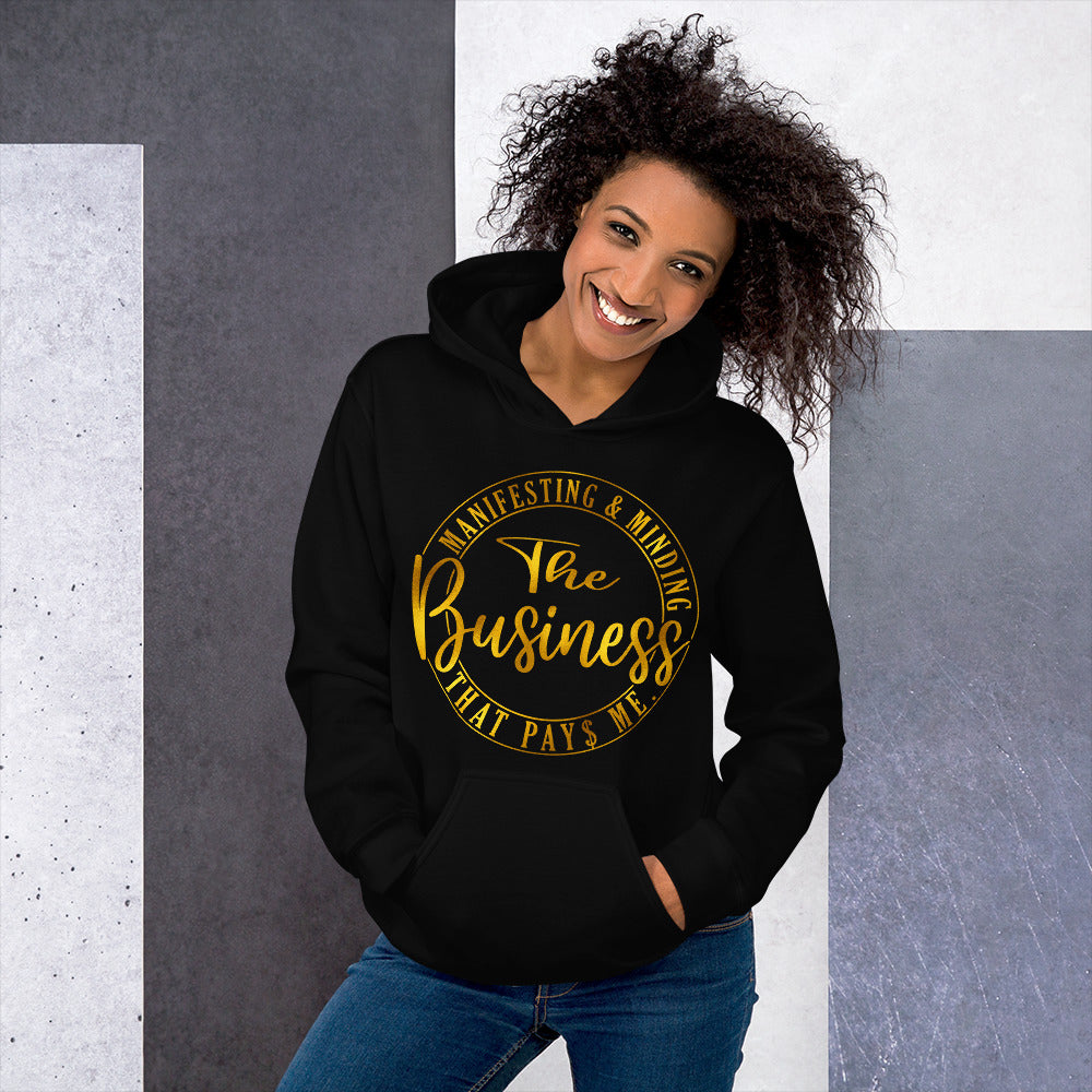 TRAP QUEEN ESSENTIALS UNISEX HOODIE_Manifesting and Minding The Business That Pays Me_GOLD_AFFIRMATION Collection