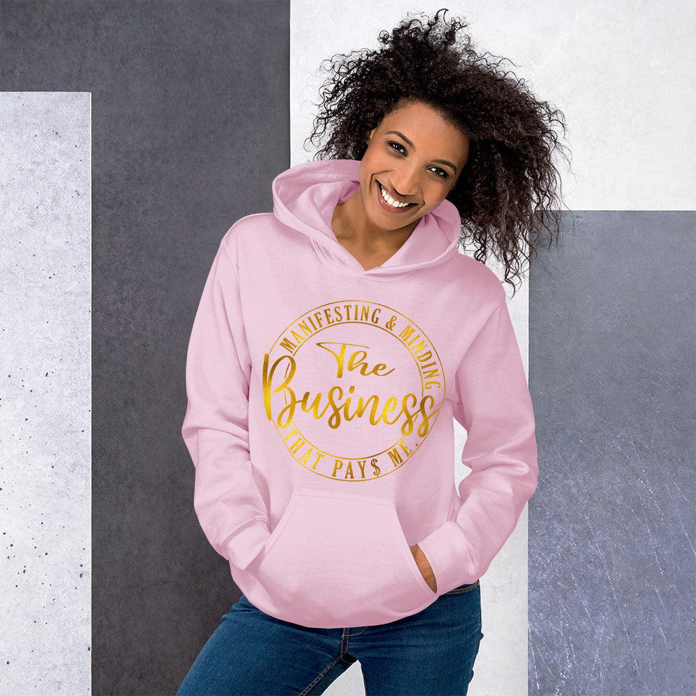 TRAP QUEEN ESSENTIALS UNISEX HOODIE_Manifesting and Minding The Business That Pays Me_GOLD_AFFIRMATION Collection